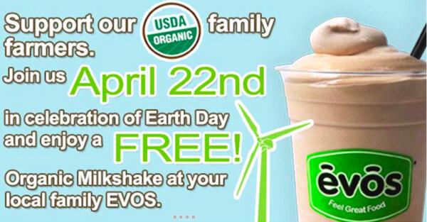 Grab this yummy Organic Milkshake at EVOS for FREE on April 22nd!