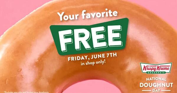It's National Donut Day on June 7th! Pick up you FREE Donut at Krispy Kreme!