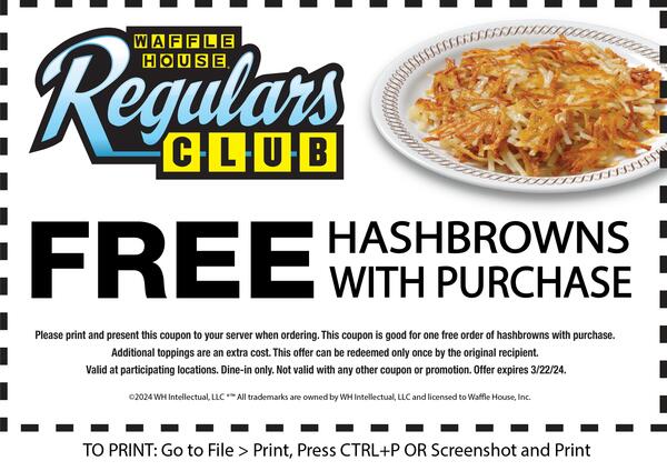 Free Order of Hashbrowns at Waffle House with Coupon